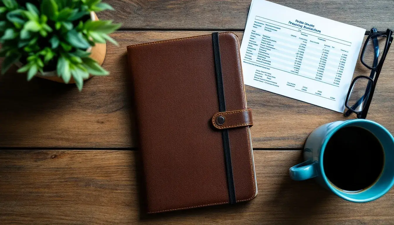 A desk with a notebook, financial statements and coffee