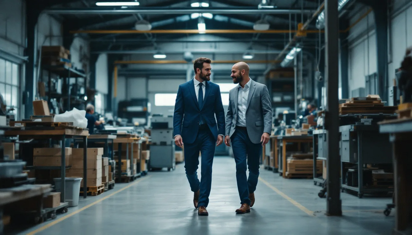 A buyer touring a manufacturing workshop with the owner