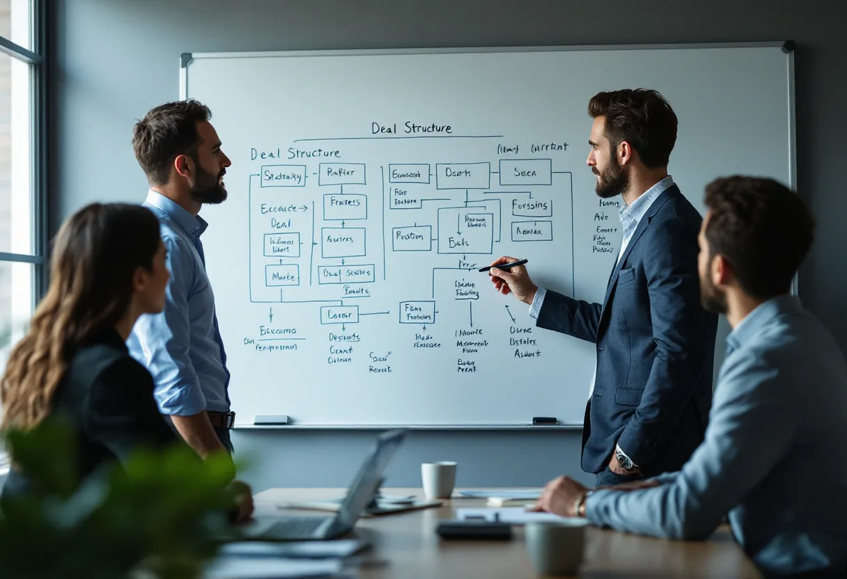 An advisor mapping a deal structure on a whiteboard