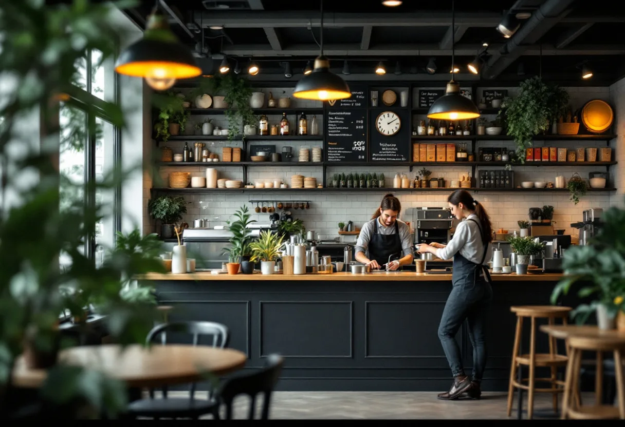 Staff preparing a franchise cafe for opening day