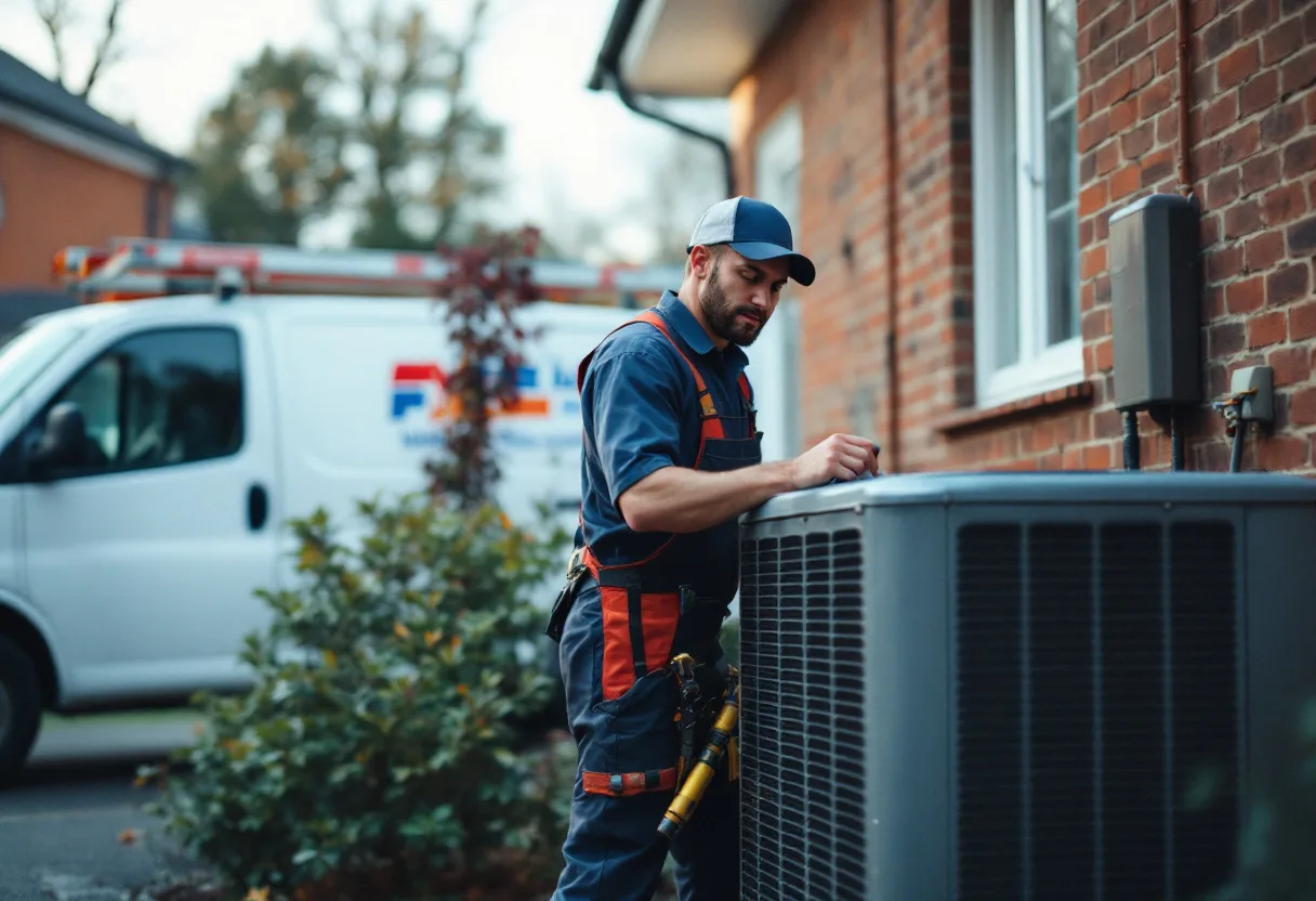 An HVAC technician servicing a residential condenser unit