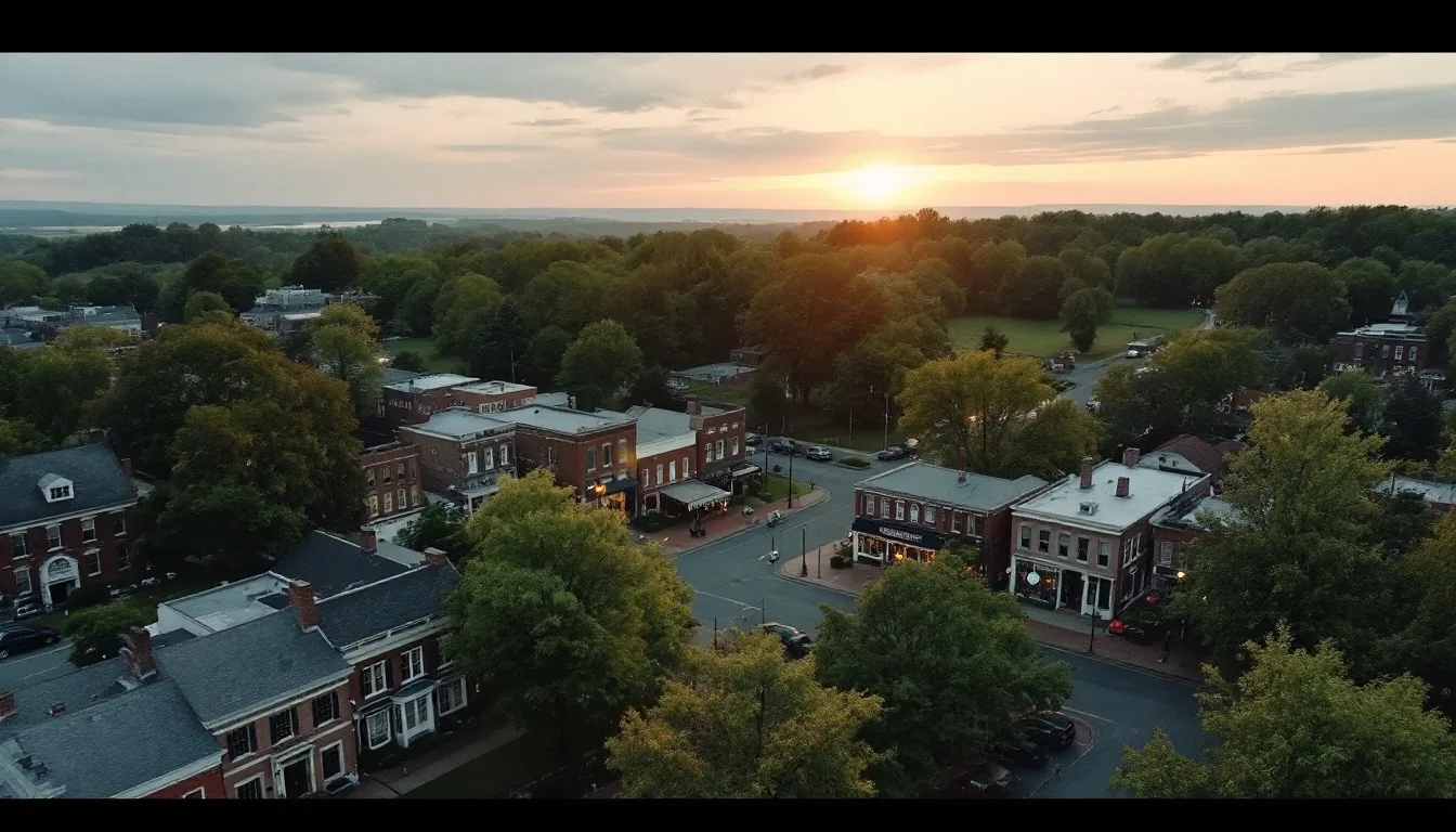 Aerial view of a historic small-town main street at dawn