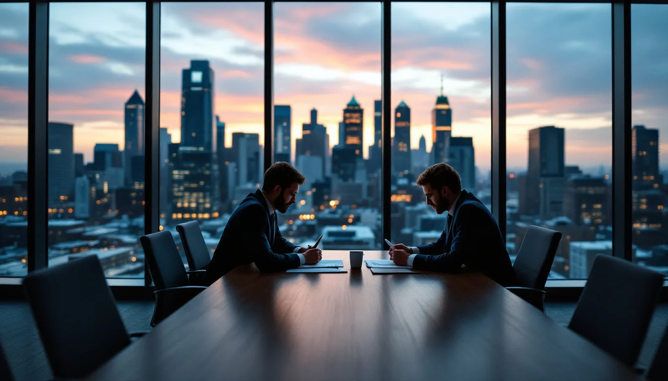 Executives reviewing deal documents in a boardroom above a city skyline