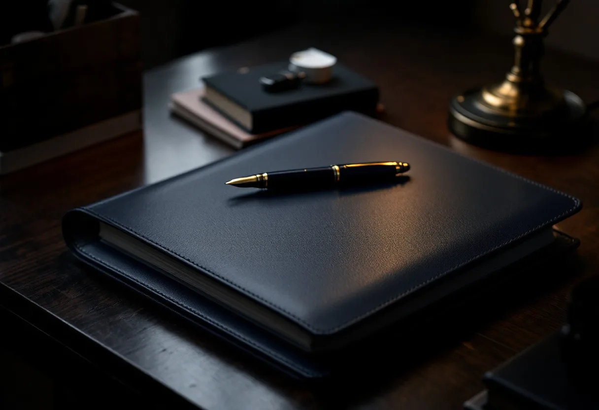 A leather portfolio and fountain pen on a walnut desk