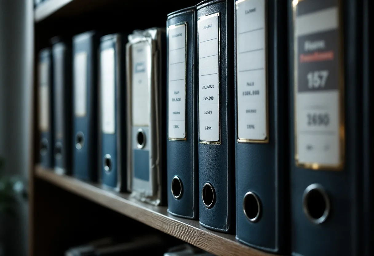 Organized binders of financial records on an office shelf