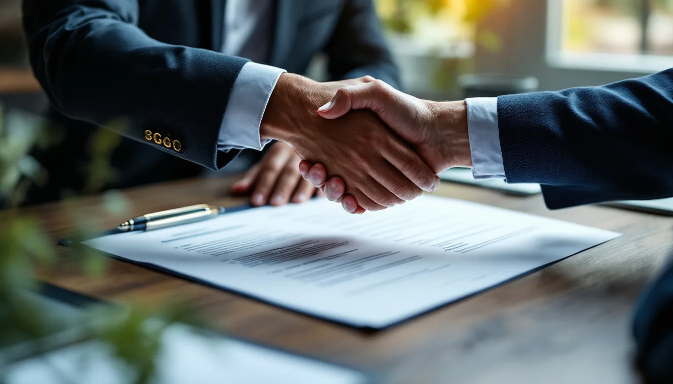 Two business owners shaking hands over signed closing documents