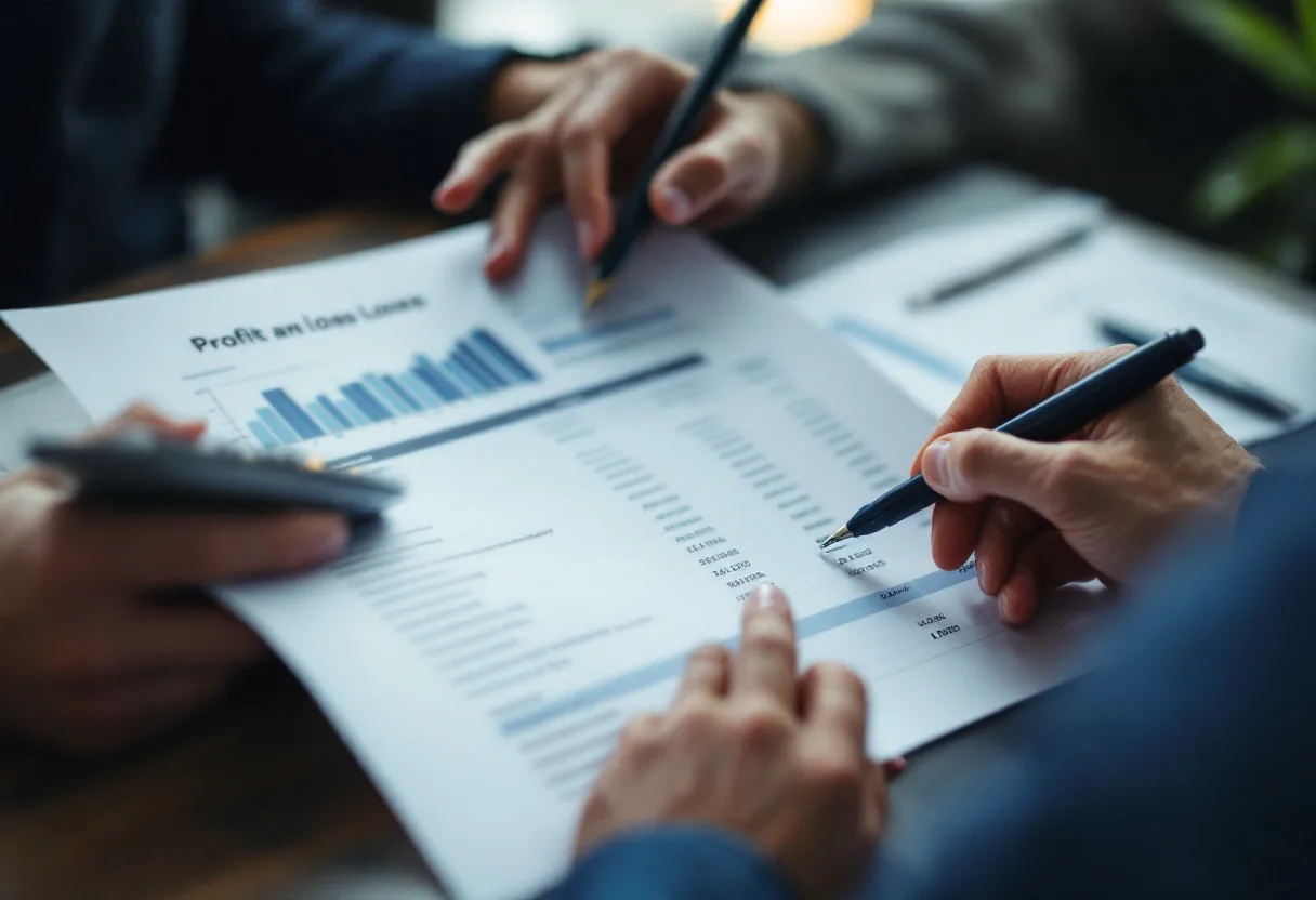 An analyst reviewing a profit and loss statement with a business owner